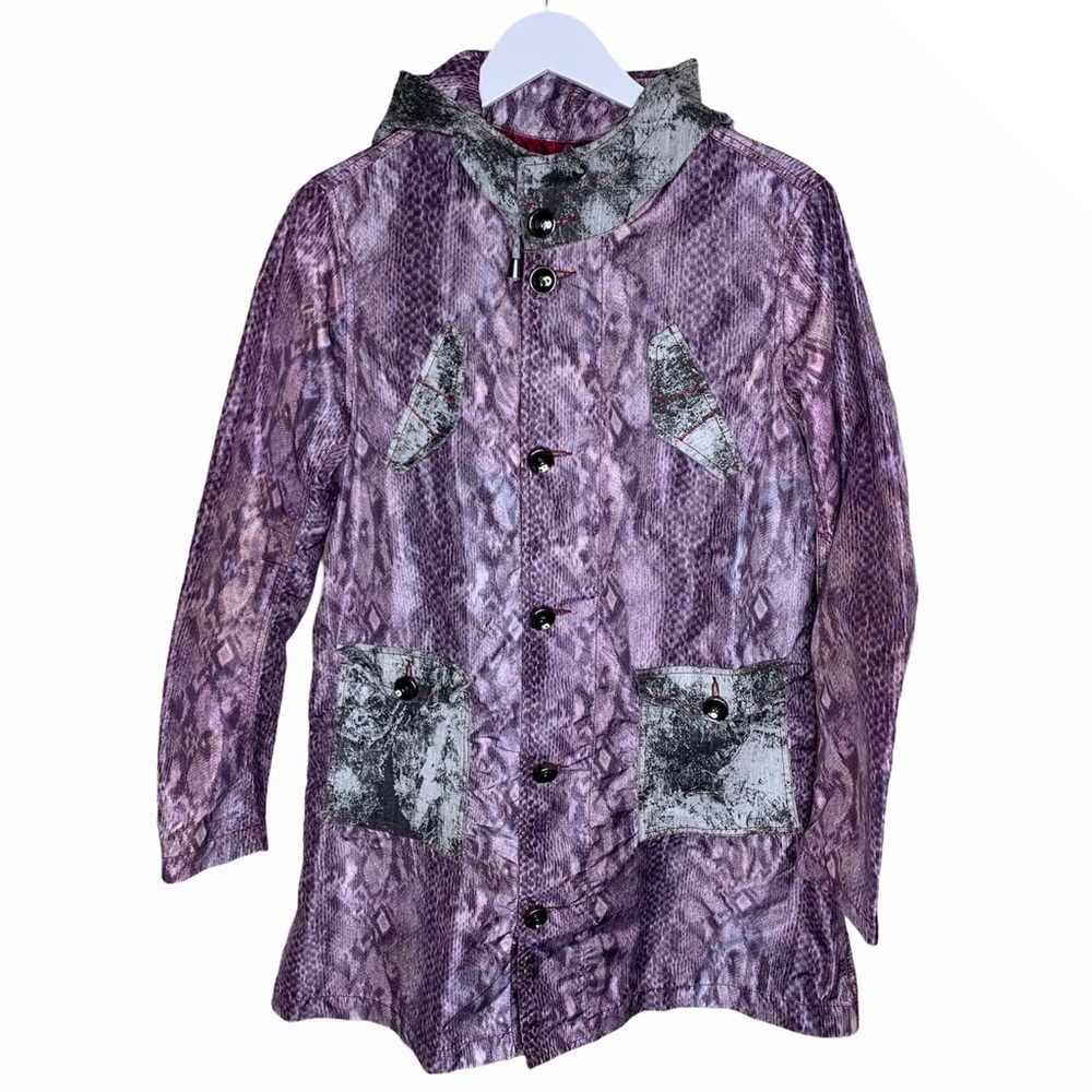 CUSTO BARCELONA Animal Print Waterproof Jacket With Hood & Pockets Purple Medium